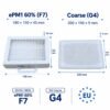 Dimensioni filtri Aldes InspirAIR SC 150 F7 + G4 – F7 150 × 190 × 45 mm, G4 150 × 200 mm
