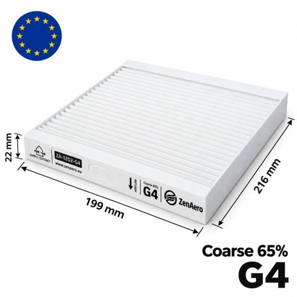 brofer-rdcd25sk-filter-dimensions-216x199x22. Schema con dimensioni dei filtri G4 216x199x22 mm per Brofer RDCD25SK