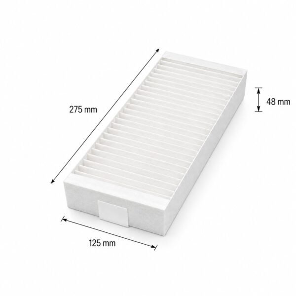 Medidas del filtro Soler & Palau Domeo 210 y Pluggit Avent C200 – 275 × 125 × 48 mm Medidas del filtro para Soler & Palau Domeo 210 FL, Domeo 210 y Pluggit Avent C200: 275 × 125 × 48 mm