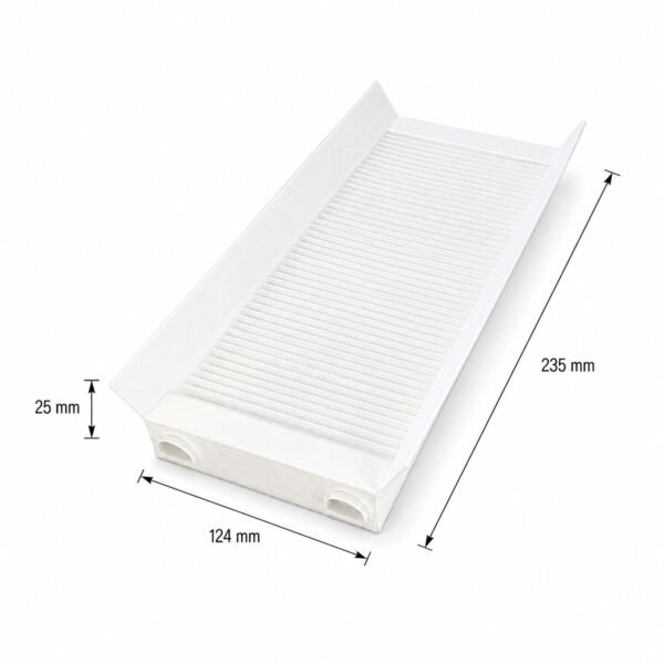 Filtermaße Zehnder ComfoAir 180 und Wernig G90-180 – 124 × 235 × 25 mm Filtermaße für Zehnder ComfoAir 180 und Wernig G90-180, Breite 124 mm, Länge 235 mm, Höhe 25 mm