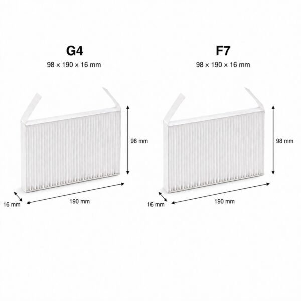 Maße der F7- und G4-Filter für Zehnder ComfoAir 70: 98 × 190 × 16 mm