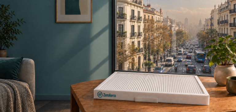 Filtro de ventilación ZenAero junto a una ventana cerrada con tráfico urbano y bruma de contaminación al exterior.