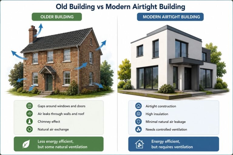 Comparación entre un edificio tradicional con infiltraciones y una vivienda moderna hermética que necesita ventilación controlada.