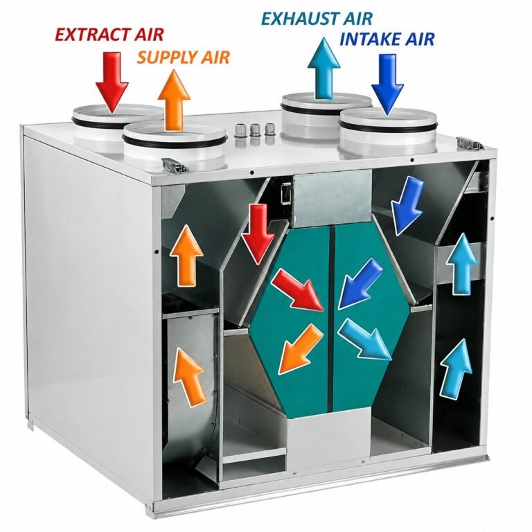 Funcionamiento de la recuperación de calor: aire exterior, impulsión, extracción y expulsión.
