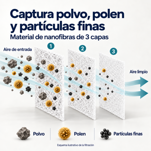 3-layer nanofiber filtration – ES Material filtrante de nanofibras de tres capas que captura polvo, polen y partículas finas