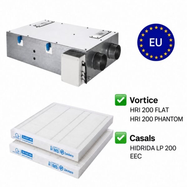 Vortice HRI 200 FLAT / PHANTOM – Casals HIDRIDA LP 200 EEC – M5 filters ZenAero M5 filter set compatible with Vortice HRI 200 FLAT, HRI 200 PHANTOM and Casals HIDRIDA LP 200 EEC.